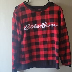 Eddie Bauer Red and Black Plaid Women's   Fleece Top LG